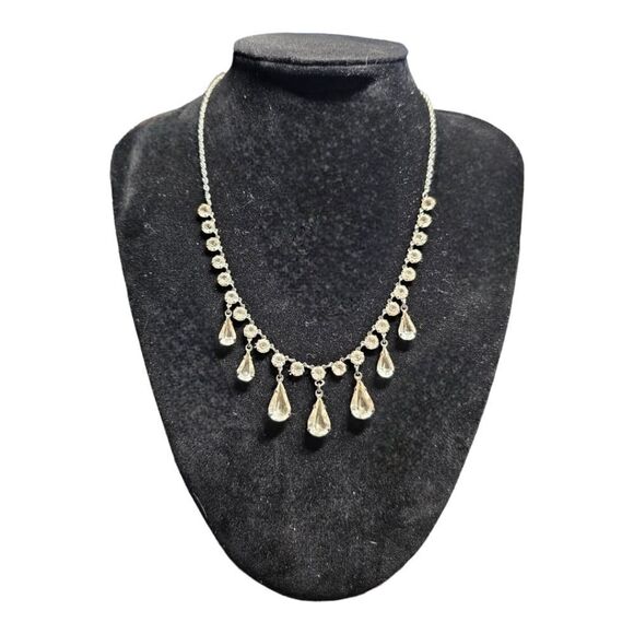 Antique 12K White Gold Filled Open Back Crystal Dangle Art Deco Necklace - Picture 1 of 15